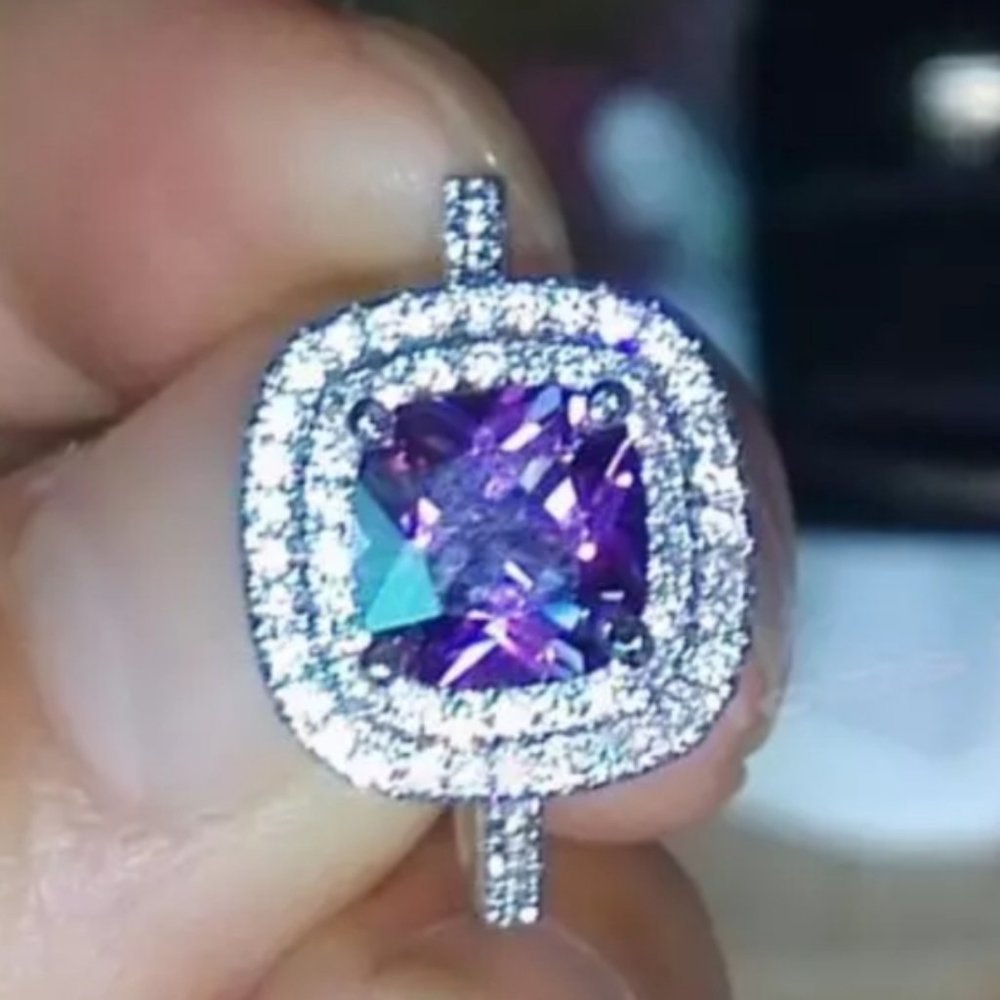 NEW Purple Cushion Amethyst Diamond Halo Ring - Picture 2 of 7